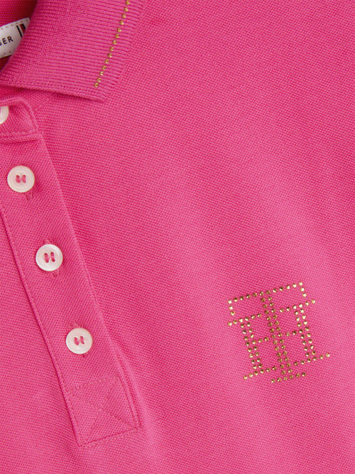 Tommy Hilfiger Equestrian® »Damen Poloshirt mit Strass Pink, schickes Kurzarm-Poloshirt mit Knopfleiste vorne, Strassstreifen am Kragen und glitzernder TH-Logo-Applikation auf der linken Brust Artikelnummer th07wssp203-028 erhältlich bei www.Hotti24.de