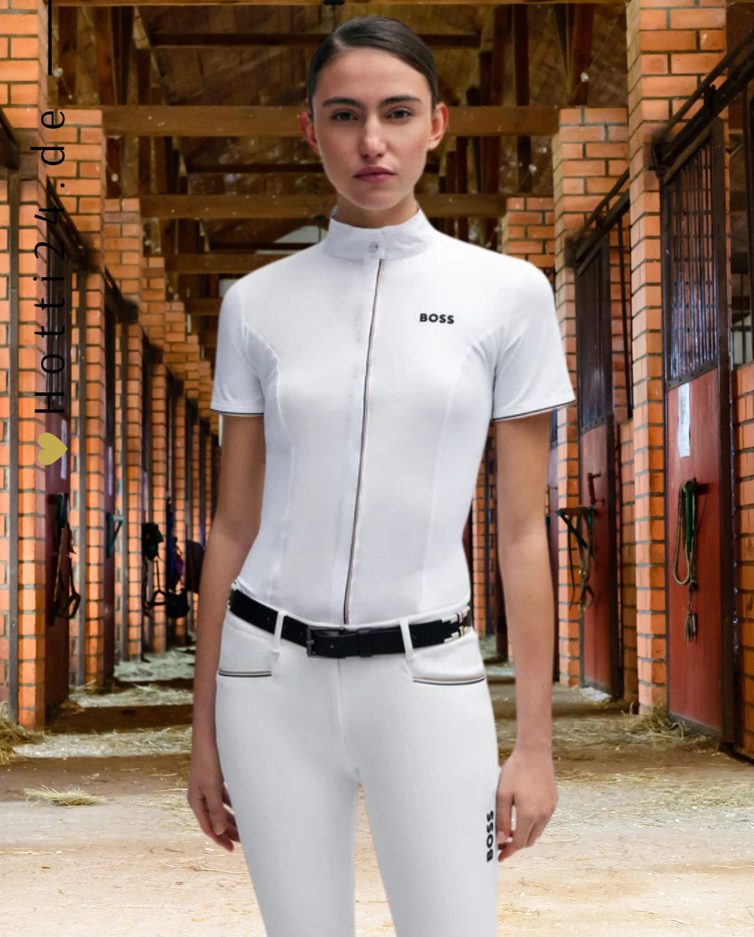 BOSS Equestrian »Damen Turnierbluse Elisa Weiß Frühling / Sommer, kombiniert Stil und Komfort für ein elegantes Auftreten auf dem Reitplatz. Mit einem Halbarm-Design und einer Signature Stripe Paspelierung entlang der Knopfleiste  Artikelnummer b3w0406-100 erhältlich bei www.Hotti24.de