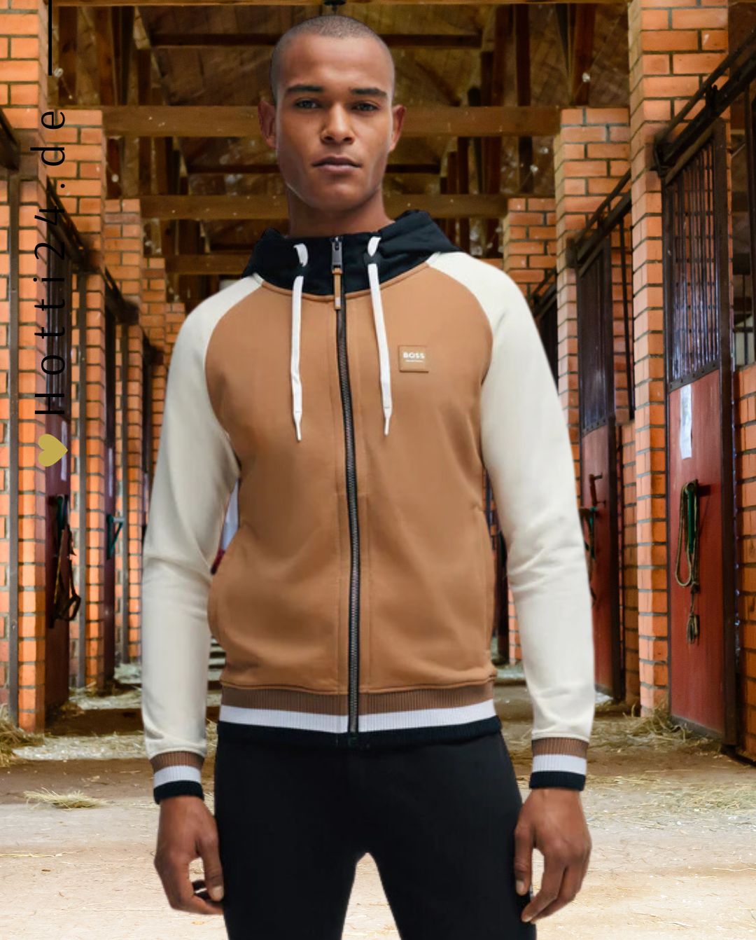 BOSS Equestrian »Herren Sweatjacke River Signature Colour Block Braun, präsentiert sich im angesagten Colour Blocking Design. Mit dem BOSS Logo Silikon Patch auf der Brust und der Kapuze setzt sie klare Akzente - Jacke von vorne - Artikelnummerb3m1201-260 erhältlich bei www.Hott24.de