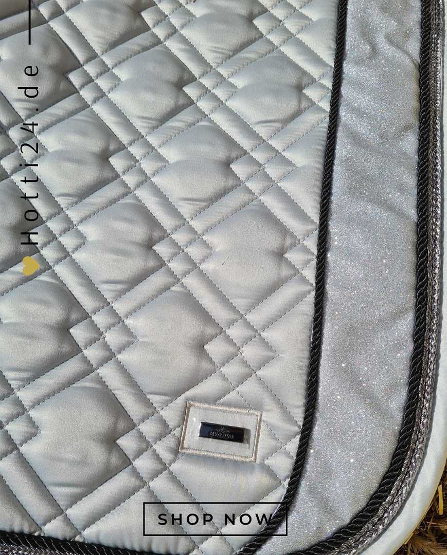 Pferde Dressurschabracke "Vianna" von HV POLO in der Farbe Grau/Silber mit der Artikelnummer 0802093455-7034. Diese Dressurschabracke wurde speziell entwickelt, um Ihrem Pferd während der Dressur einen eleganten und komfortablen Sitz zu bieten. Sie können diese Pferde Dressurschabracke auf der Website www.hotti24.de erwerben: