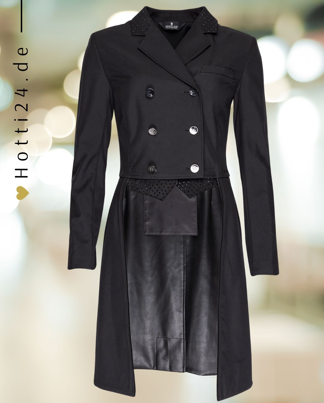 Kingsland »Damen Frack KLClassic Dressurfrack Schwarz, ist eine elegante, lange Jacke aus leichtem und dehnbarem Softshell-Material, das speziell für die Bedürfnisse von Reitturnieren entwickelt wurde. Es bietet viel Bewegungsfreihei Artikelnummer 1000233951-6090 erhältlich bei www.Hotti24.de - Frack von vorne