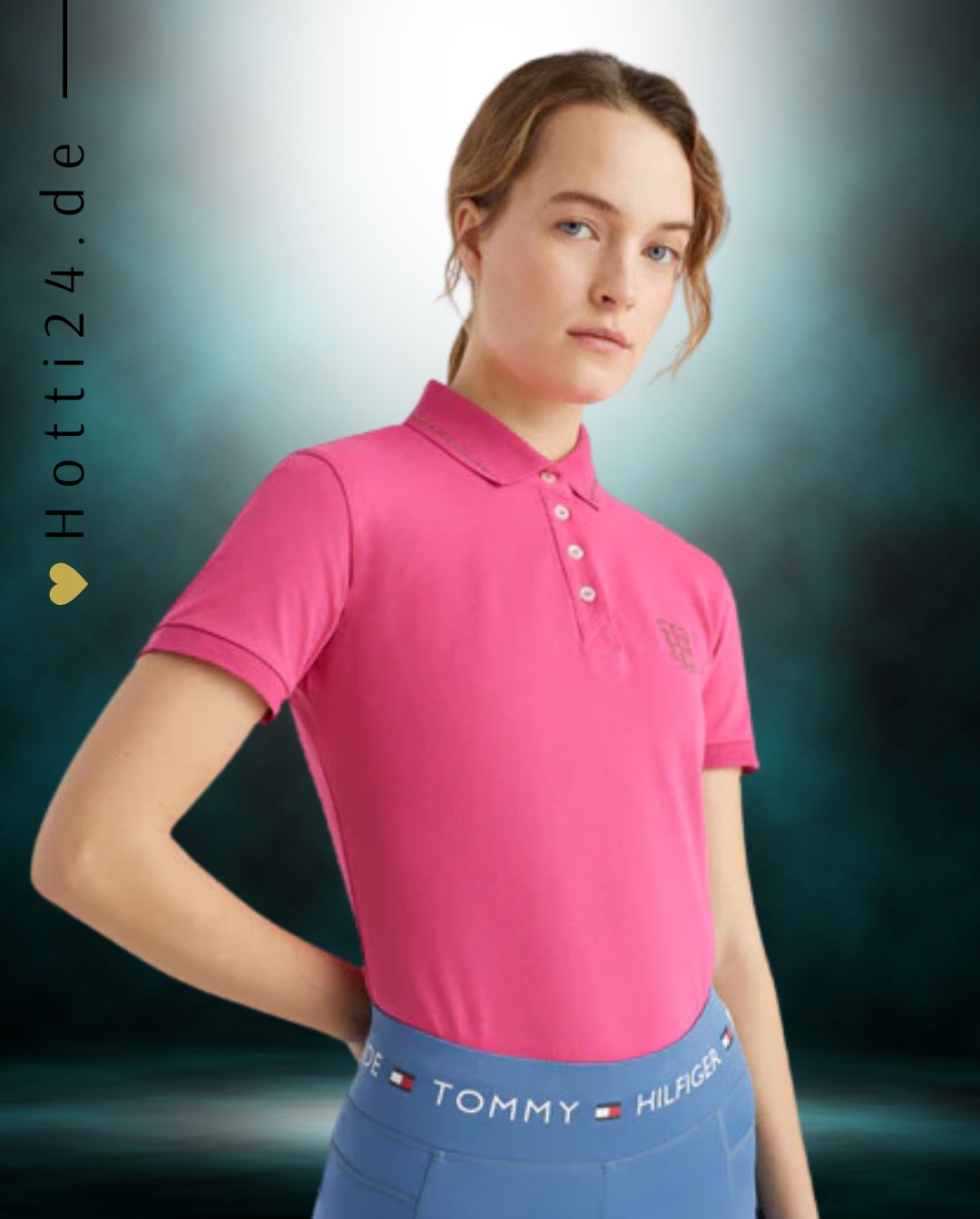 Tommy Hilfiger Equestrian® »Damen Poloshirt mit Strass Pink, schickes Kurzarm-Poloshirt mit Knopfleiste vorne, Strassstreifen am Kragen und glitzernder TH-Logo-Applikation auf der linken Brust Artikelnummer th07wssp203-028 erhältlich bei www.Hotti24.de