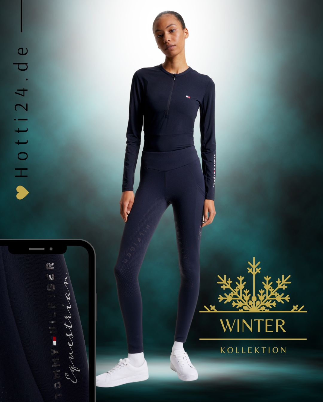 Damen-Reitleggings von Tommy Hilfiger mit der Bezeichnung "Monaco Fullgrip TH08WFLE463-004" in der Farbe Blau. Diese Reitleggings sind auf der Webseite www.hotti24.de erhältlich. Sie wurden speziell für Damen entworfen und verfügen über Fullgrip-Elemente, die zusätzlichen Halt während des Reitens bieten sollen.  Zusätzlich sind in der Datei Bilder der Reitleggings aus verschiedenen Blickwinkeln enthalten: von vorne, von der Seite und von hinten