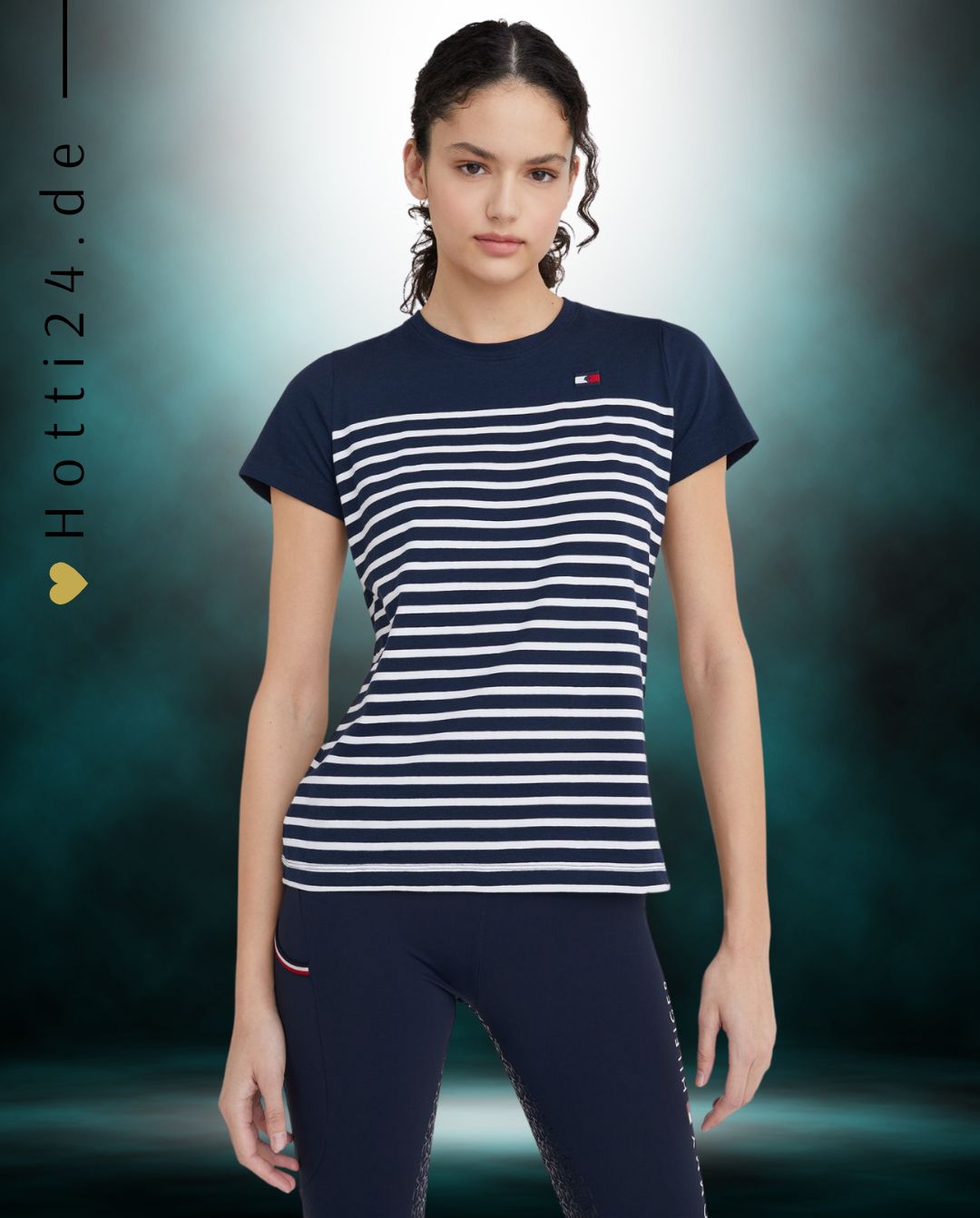 Tommy Hilfiger Equestrian® »Damen T-Shirt Streifen Blau, Rundhals T-Shirt, oberer Teil gestreift, auslaufend nach unten in unicolor. Tommy Hilfiger Logo Stickerei auf der linken Brust Artikelnummer TH10065-004 erhältlich bei www.Hotti24.de