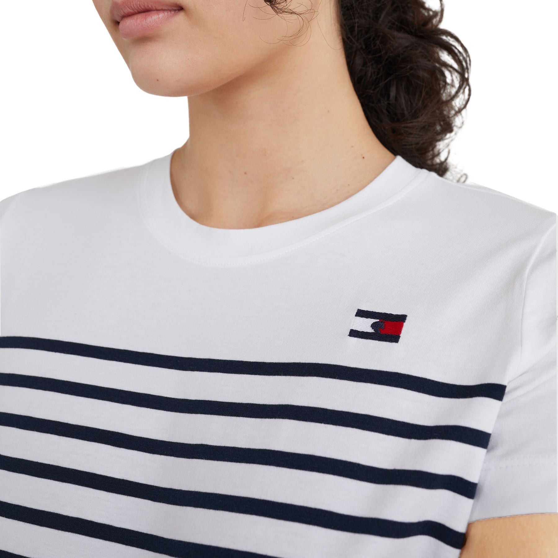 Tommy Hilfiger Equestrian® »Damen T-Shirt Streifen Weiß, Rundhals T-Shirt, oberer Teil gestreift, auslaufend nach unten in unicolor. Tommy Hilfiger Logo Stickerei auf der linken Brust Artikelnummer TH10065-001 erhältlich bei www.Hotti24.de